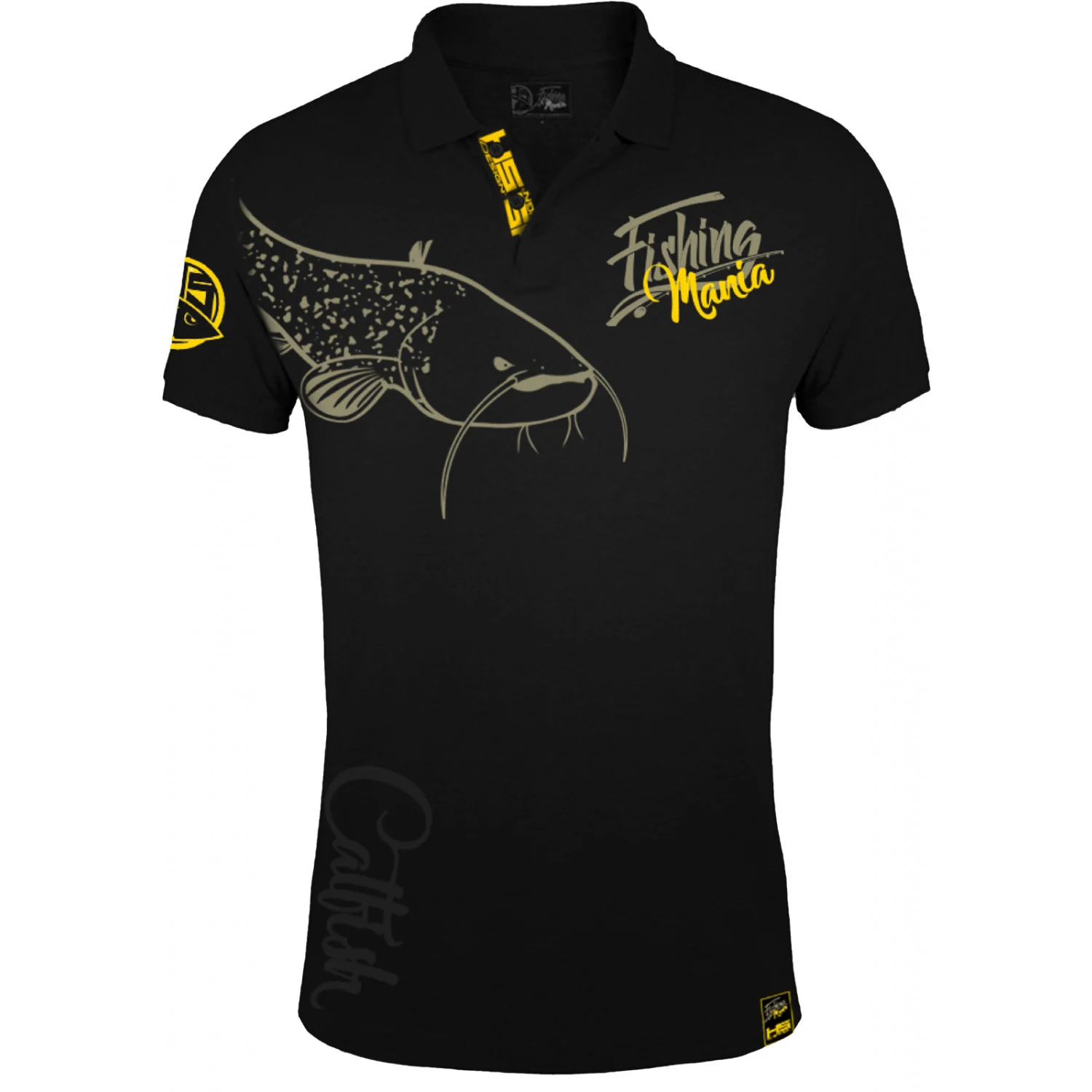 HOTSPOT DESIGN Polo Shirt Fishing Mania CatFish, black-yellow, Catfish angler polo shirt
