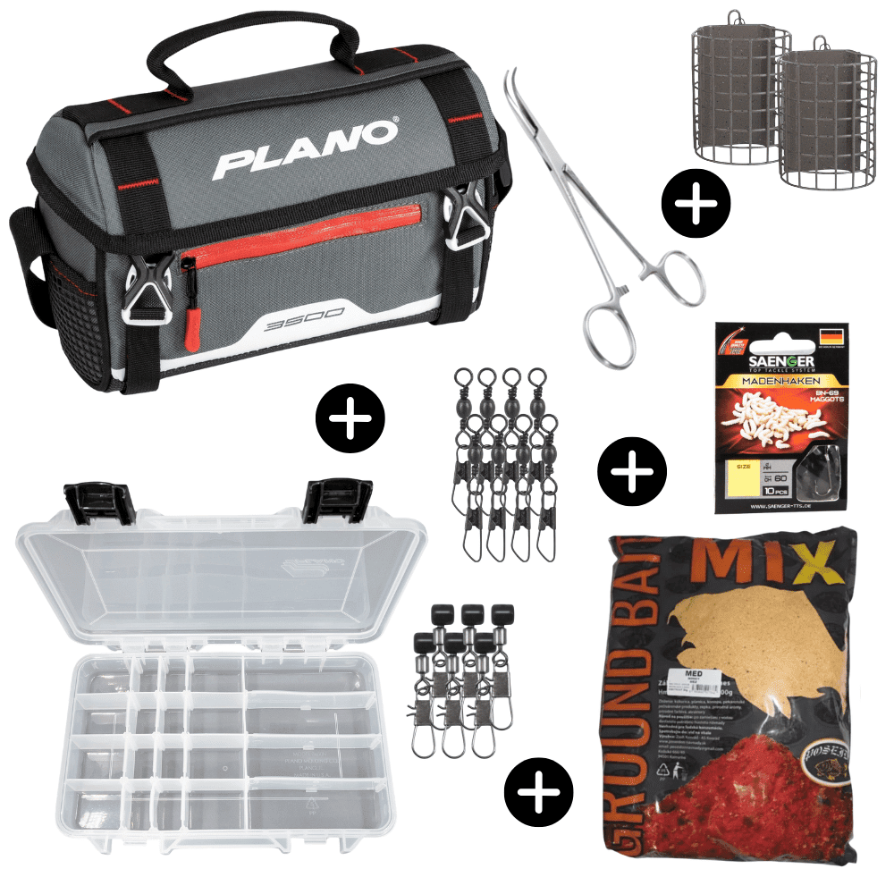 Feeder Starter Set Plano Tasche 3600 mit Box + 2x GoFish Futterkorb 50g + Daiwa Feeder Bead + Sänger Maden-Vorfachhaken + Sänger Wirbel + 1kg Futter + Arterienklemme
