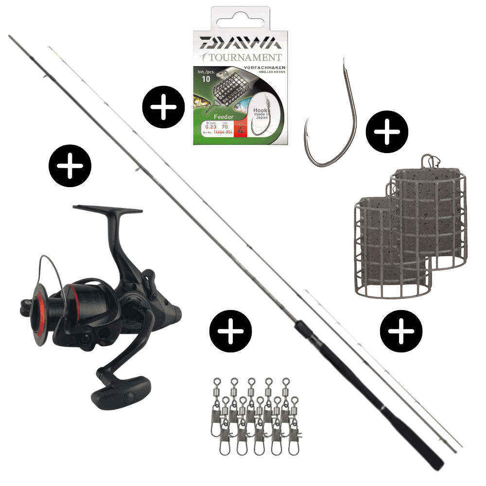 Feeder Komplett Set See Shimano Aero X1A Carp Feeder 274cm 50g + Okuma Ceymar Baitfeeder 340 + Pelzer Schnur + Daiwa Vorfachhaken + Daiwa Wirbel + GoFish Futterkörbe