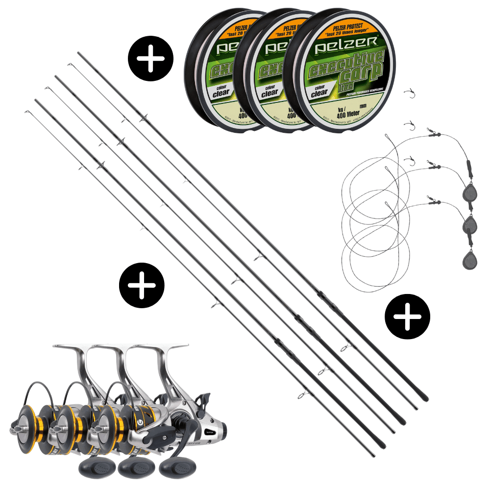 Daiwa Karpfen-Komplett-Set 3x Black Widow XT Carp 12ft 3lbs + 3x Sänger Tayfun BTR 6500 + 3x Pelzer Executive Line 0,28mm 8kg 400m + 3x GoFish Chod Rig 40g