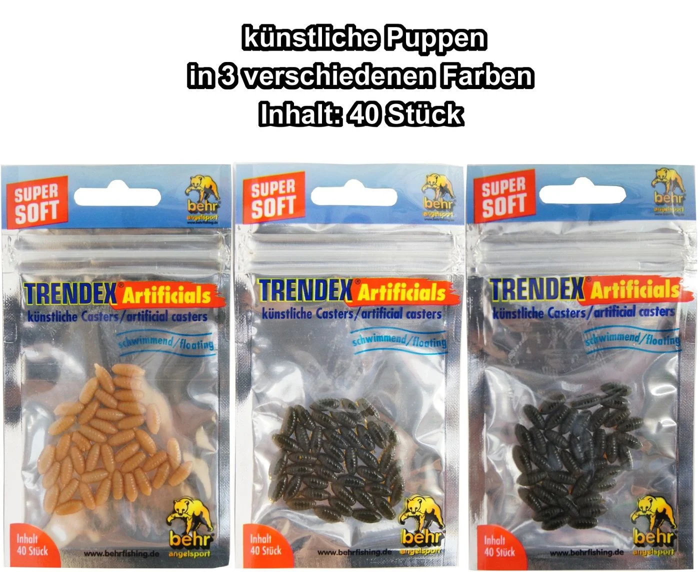 40 künstliche Maden Puppen Gummimaden Caster von Behr hellbraun