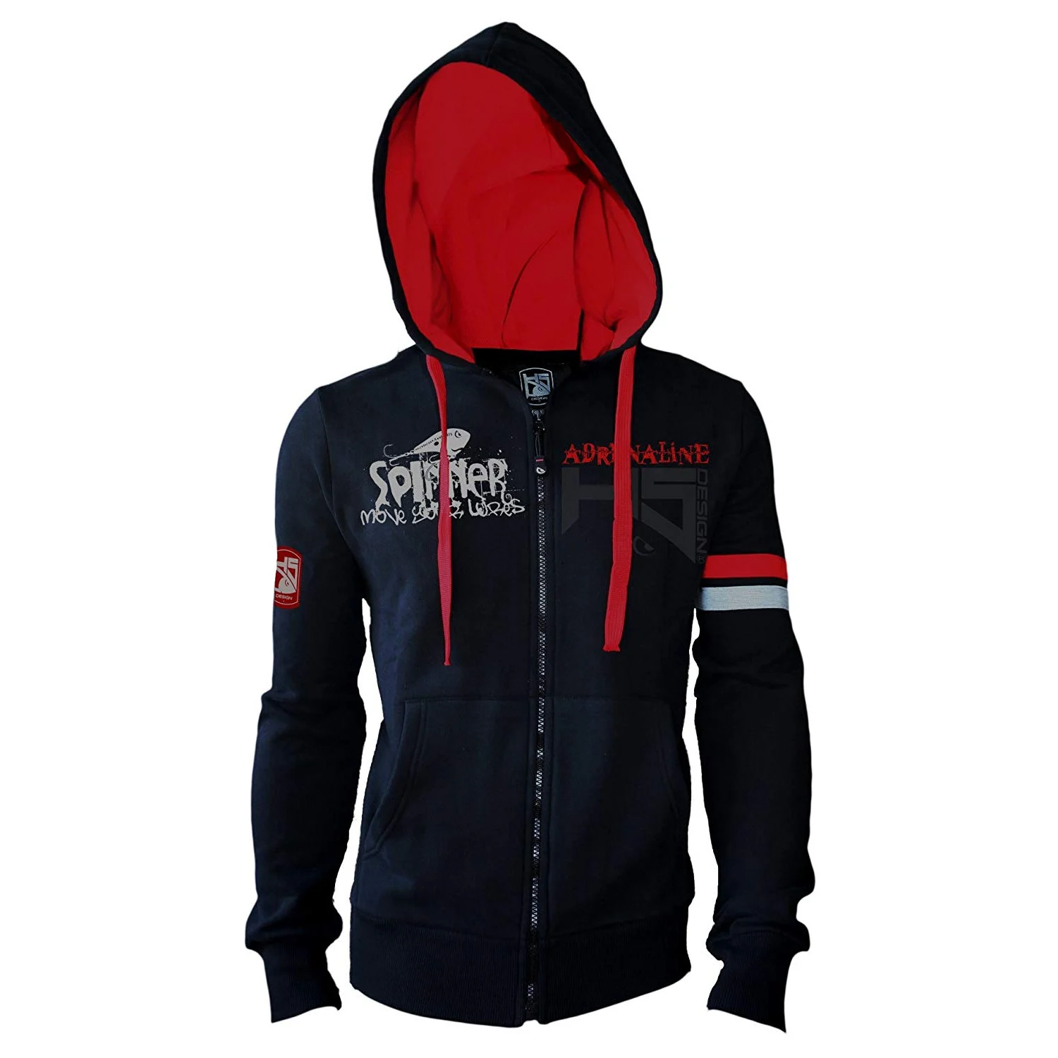 HOTSPOT DESIGN Spinning Adrenaline, black-red, Hooded sweater with full-length zipper, for anglers