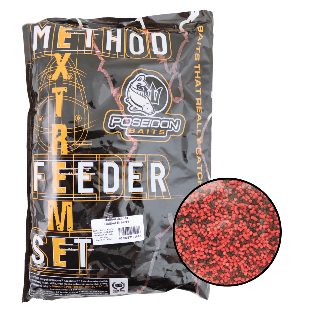 Poseidon Method Feeder Set Halibut Erdbeere Pellet + Booster