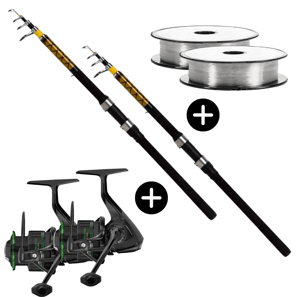 Allround Sets 2x WFT Never Crack Tele Universal 300cm 30-60g + 2x Cormoran Cross Water 3000 + 4x Go Fish Mono Karpfen Raubfisch Grundfischen Spinnfischen Posenangeln