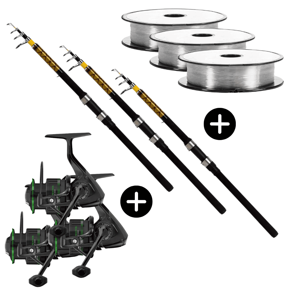 Allround Sets 3x WFT Never Crack Tele Universal 270cm 30-60g + 3x Cormoran Cross Water 3000 + 6x Go Fish Mono Karpfen Raubfisch Grundfischen Spinnfischen Posenangeln