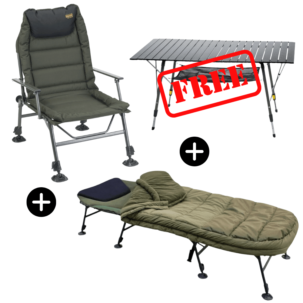 Anaconda Karpfen Lounge Set 5-Season Bed Chair 220x90cm 8 Beine + Magist Chair + GRATIS Travel Desk