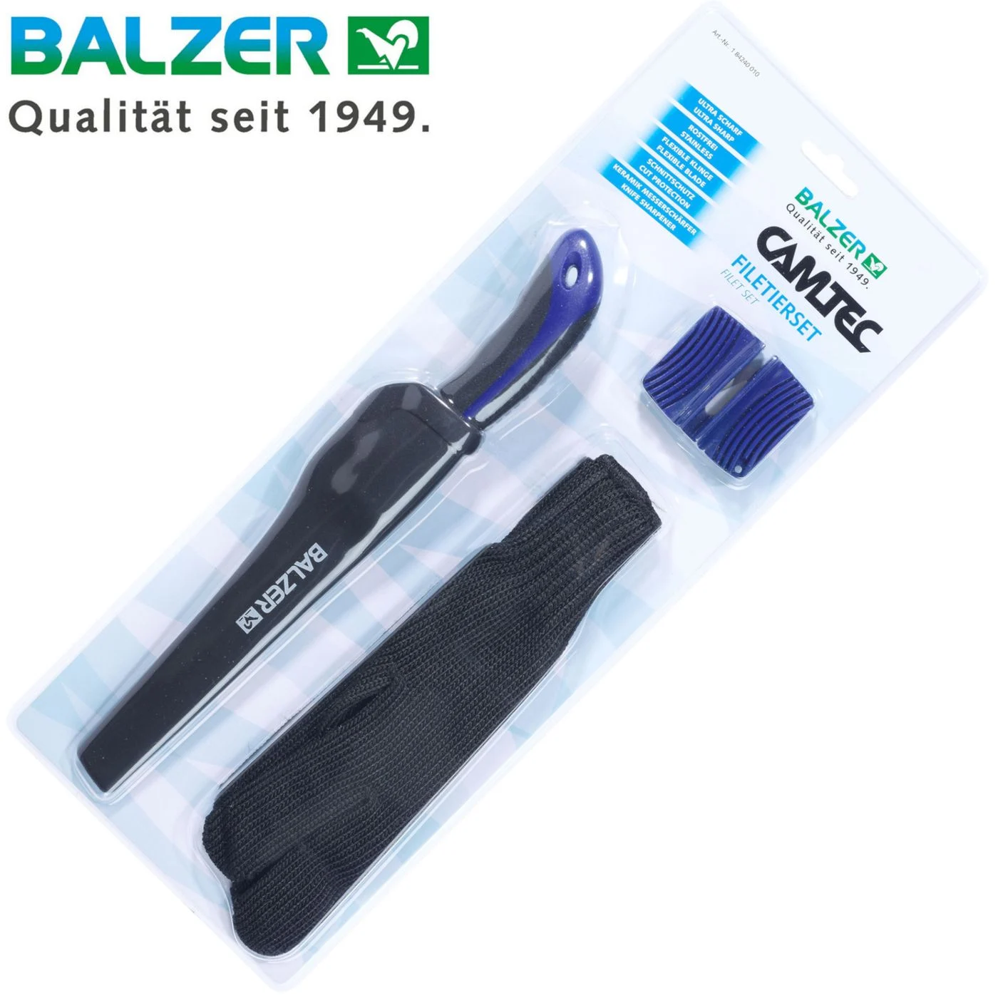 Balzer Filetier Set - Filetiermesser + Filetierhandschuh + Schärfer