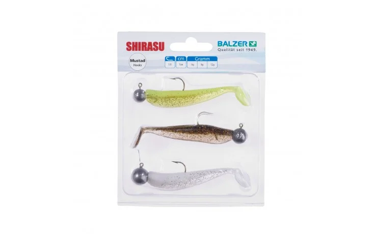 Balzer Shirasu Waggle Shad Set Jighead 7 cm 3 Angelköder mit Jigkopf 6, 9, 12 Gramm Hakengröße 1/0