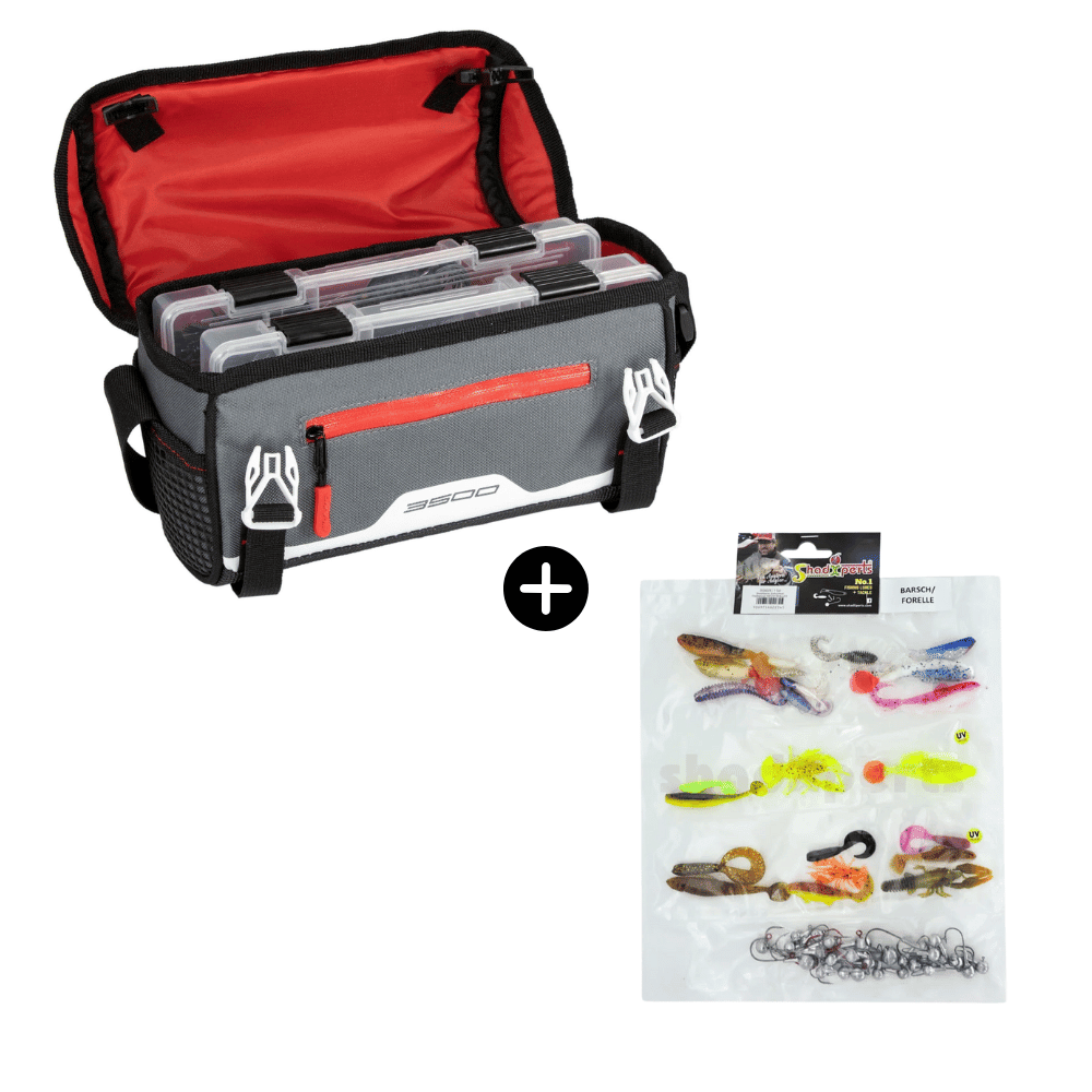 Barsch und Forelle Stillwasser Set Plano Tasche 3600 + SX Zielfisch-Set Forelle/Barsch Stillwasser 23 Shads 17 Jigköpfe