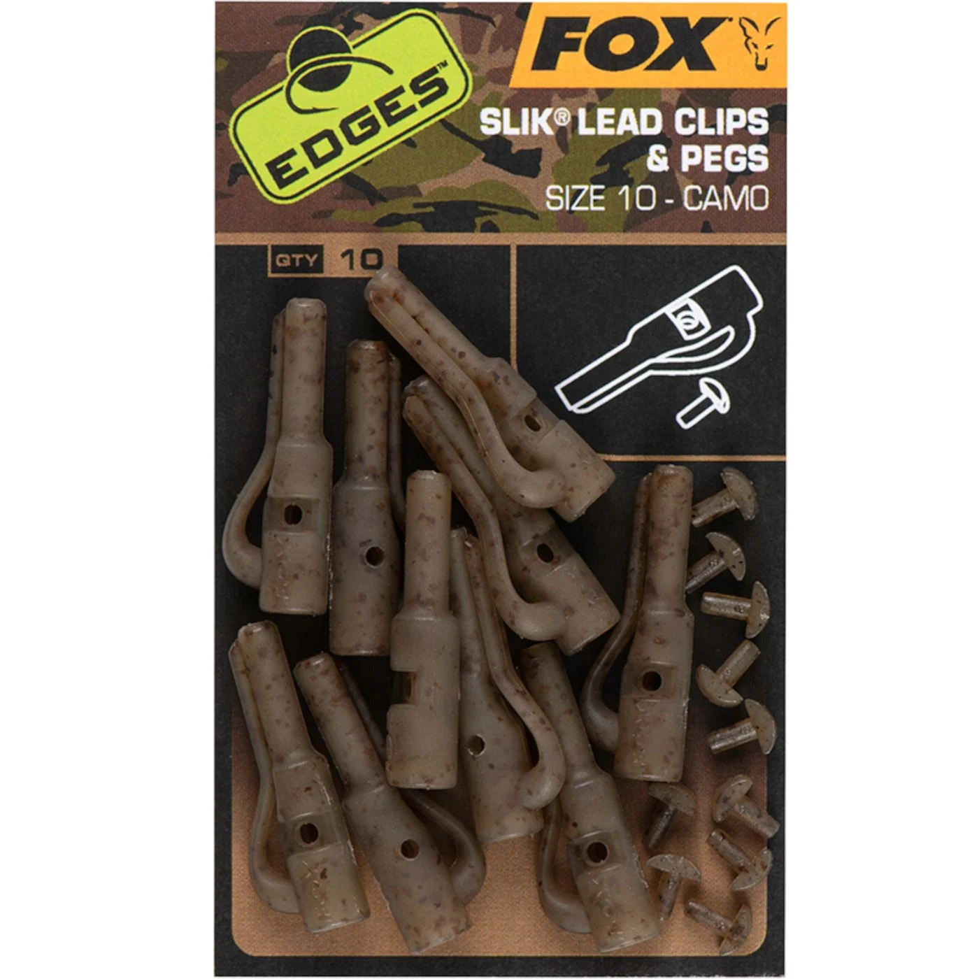 Fox Edges Camo Size 10 Slik lead clip + pegs - 10 Leadclips