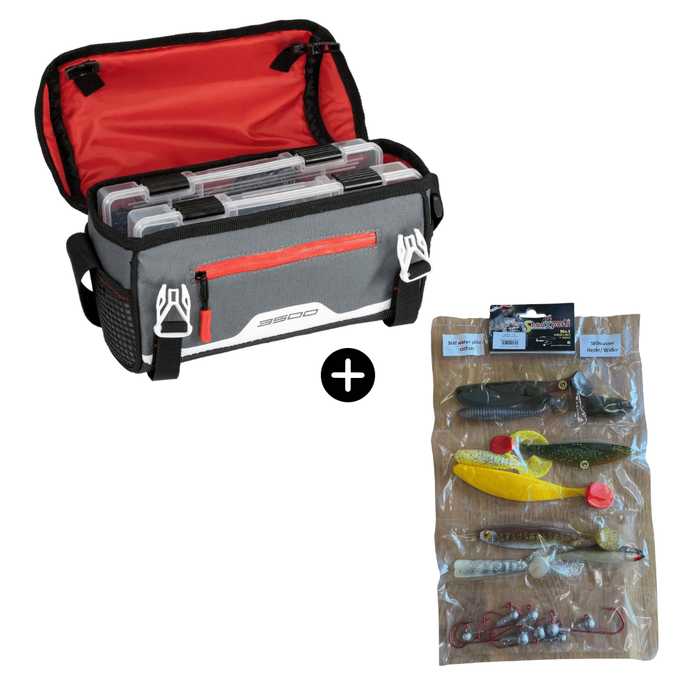 Hecht/Waller Stillwasser Set Plano Tasche 3600 + SX Zielfisch-Set Hecht/Waller Stillwasser 8 Shads 6 Jigköpfe