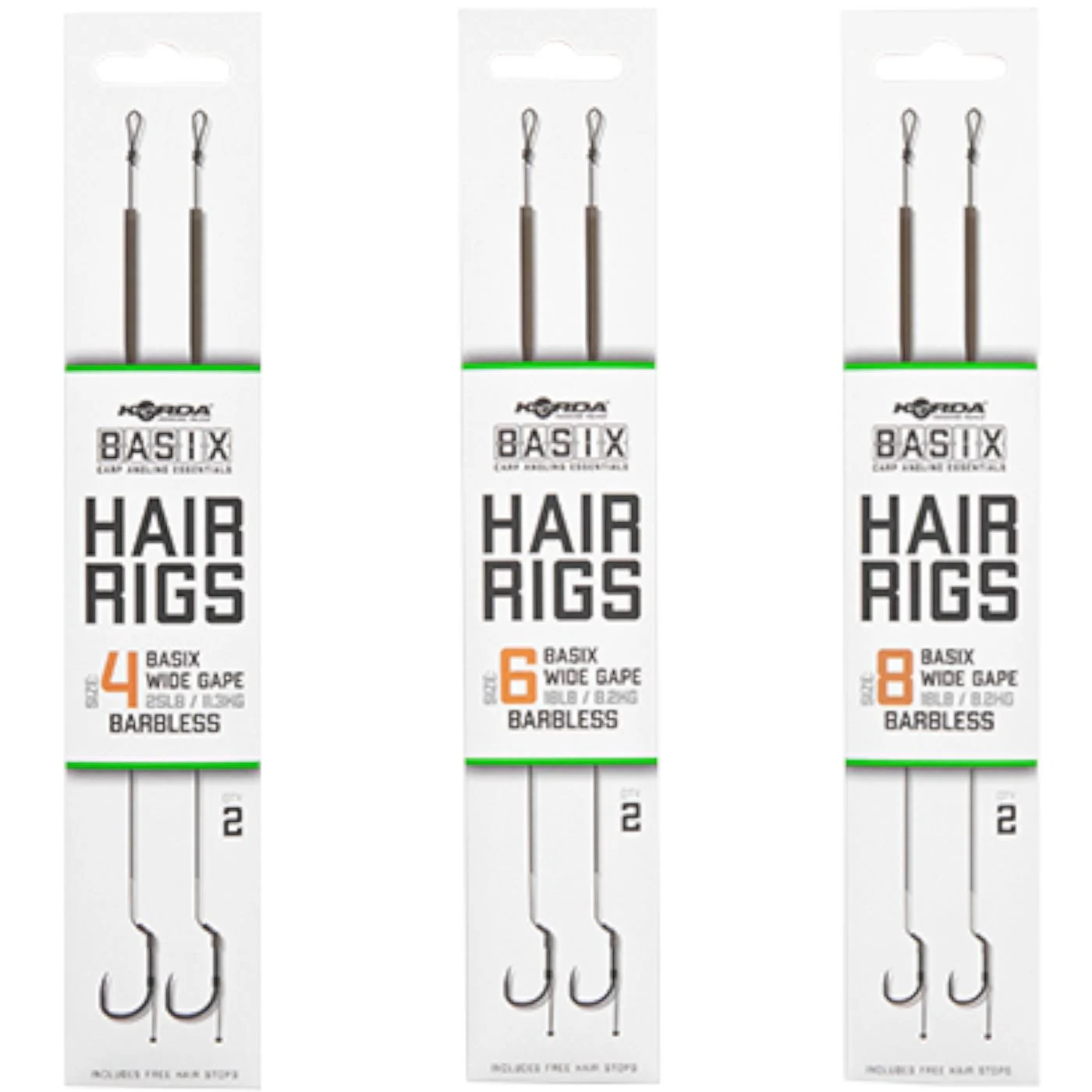 Korda Basix Hair Rigs Wide Gape Barbless - 2 Karpfenvorfächer Gr. 4 / 25lbs / 11.3kg