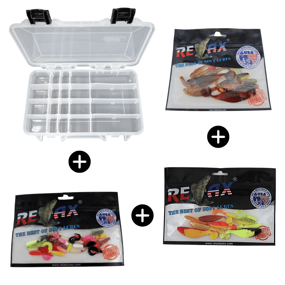 Mega-Köder-Set Barsch und Forelle 42 Relax Gummi-Köder + Plano 3650 Box