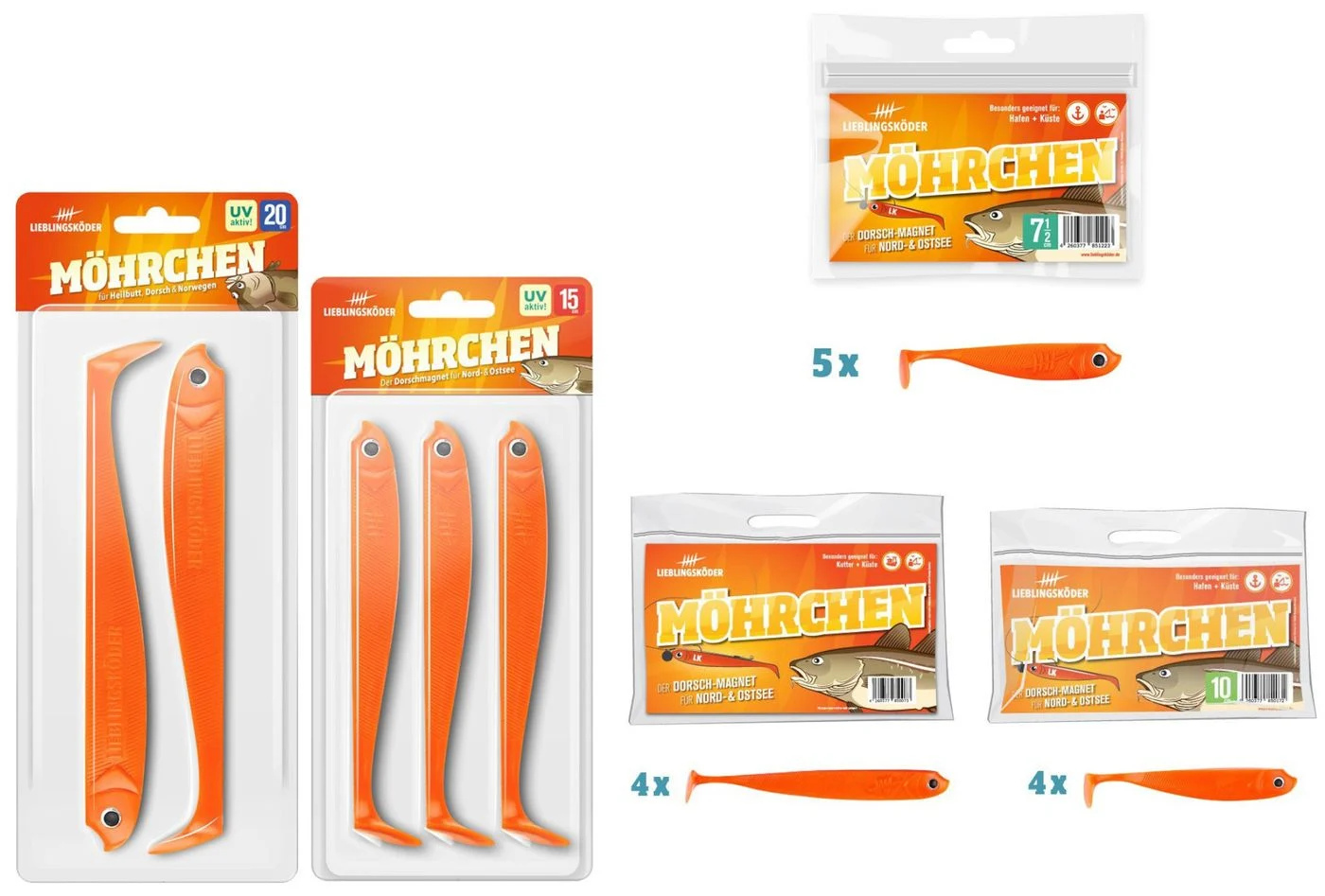 [Paket] 18 Lieblingsköder Möhrchen Gummifische (4x12,5cm, 4x10cm, 5x7,5cm, 3x15cm, 2x20cm)