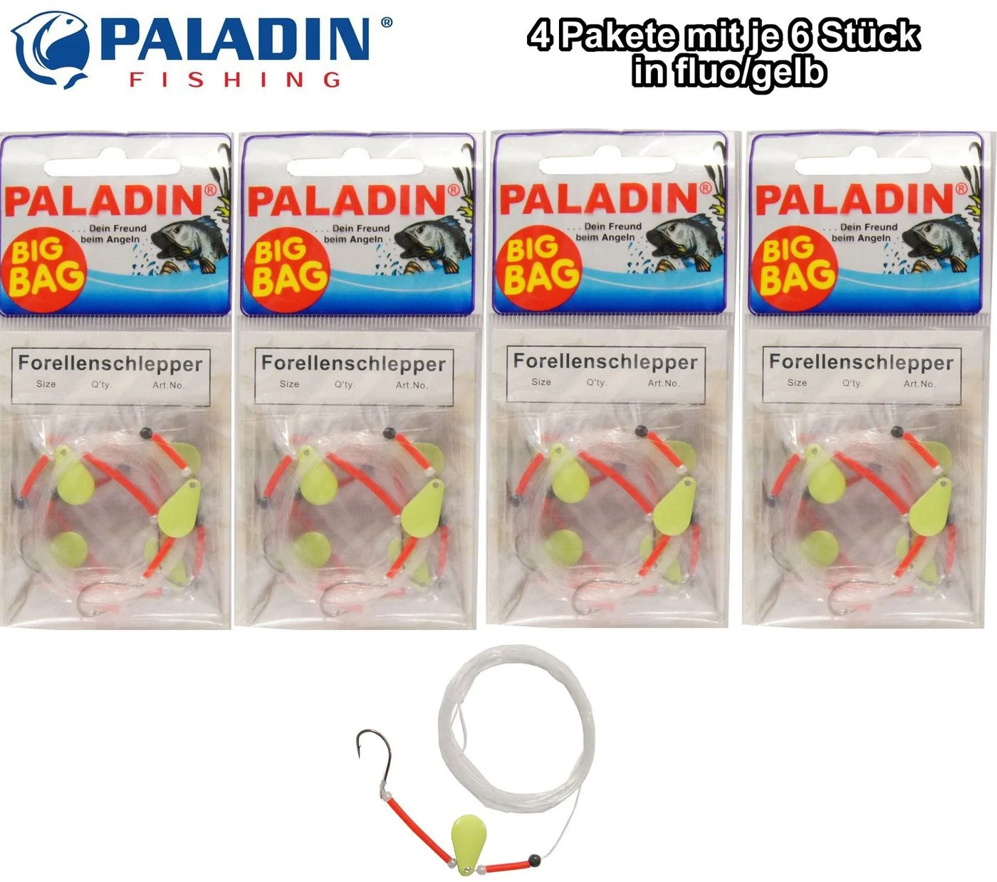 [Paket] 24 Forellenschlepper Forellenhaken Forellenvorfach Fluo/gelb
