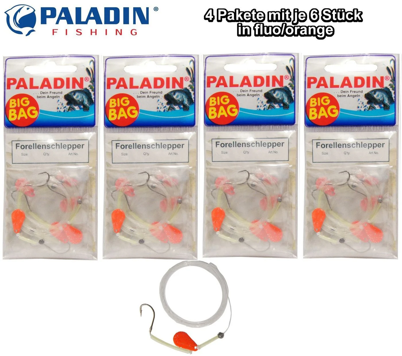 [Paket] 24 Forellenschlepper Forellenhaken Forellenvorfach Fluo/orange