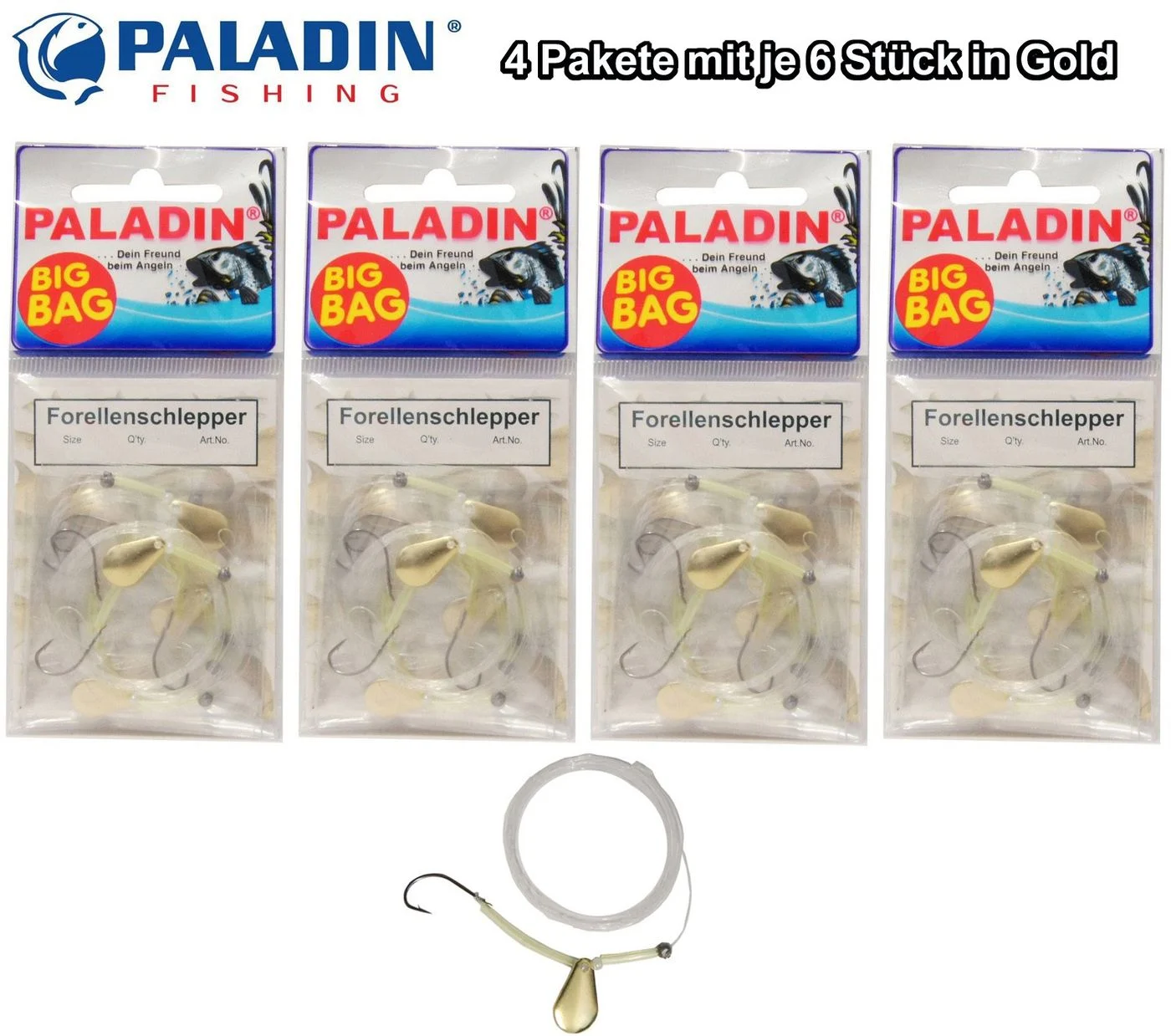 [Paket] 24 Forellenschlepper Forellenhaken Forellenvorfach gold