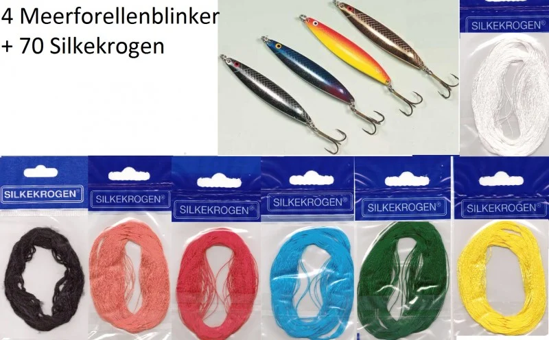 [Paket] 4 Meerforellenblinker 28g + 70 Silkekrogen Hornhecht Schlaufen + Meerforelle
