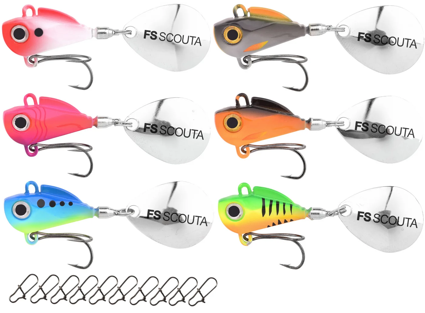 [Paket] 6 Spro Freestyle Scouta Jig Spinner 6g Spinnköder + 10 Snaps Gr. XS
