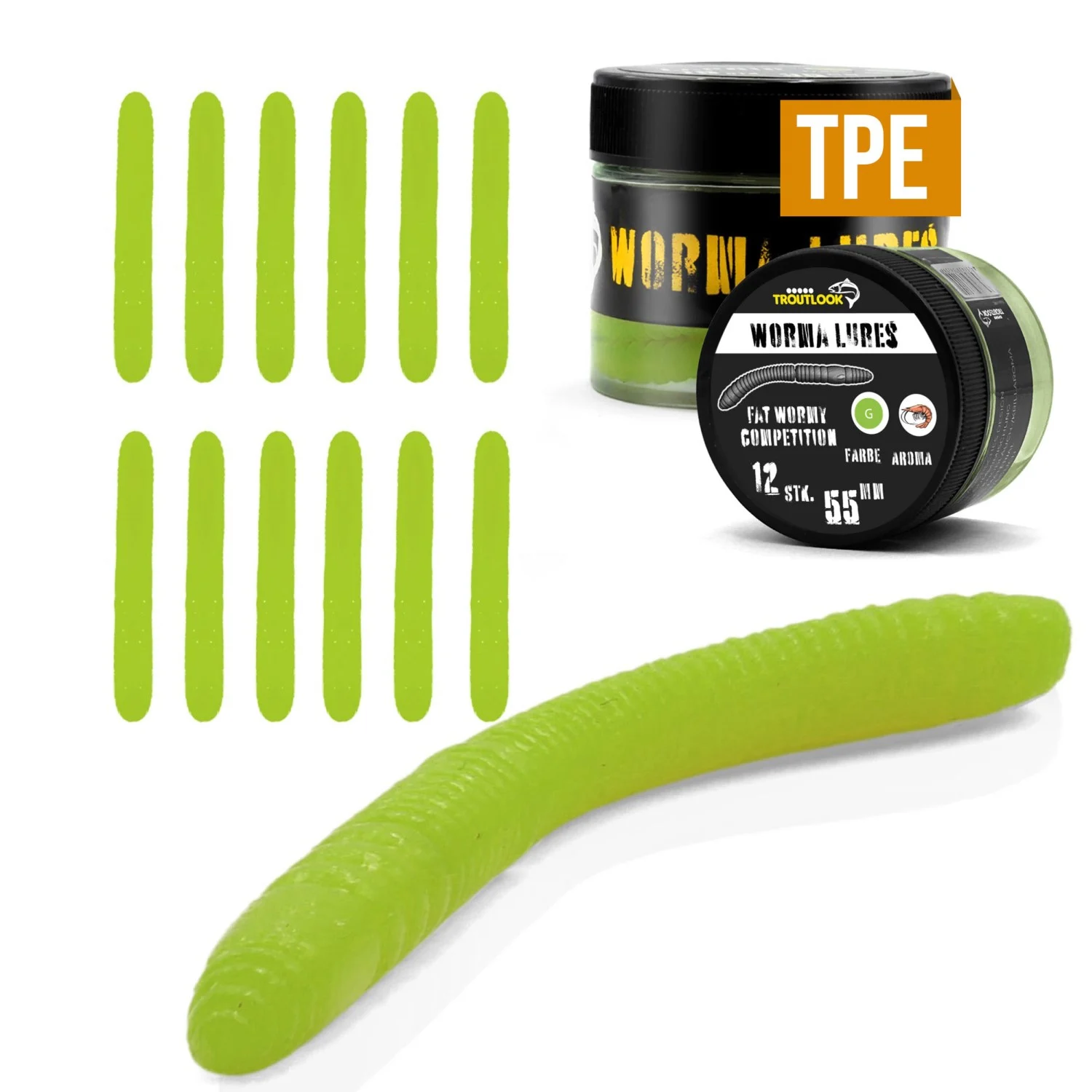 Troutlook Worma Lures - Fat Wormy Competition - Forellengummi Farbe: Kiwi Green | Aroma: Krill
