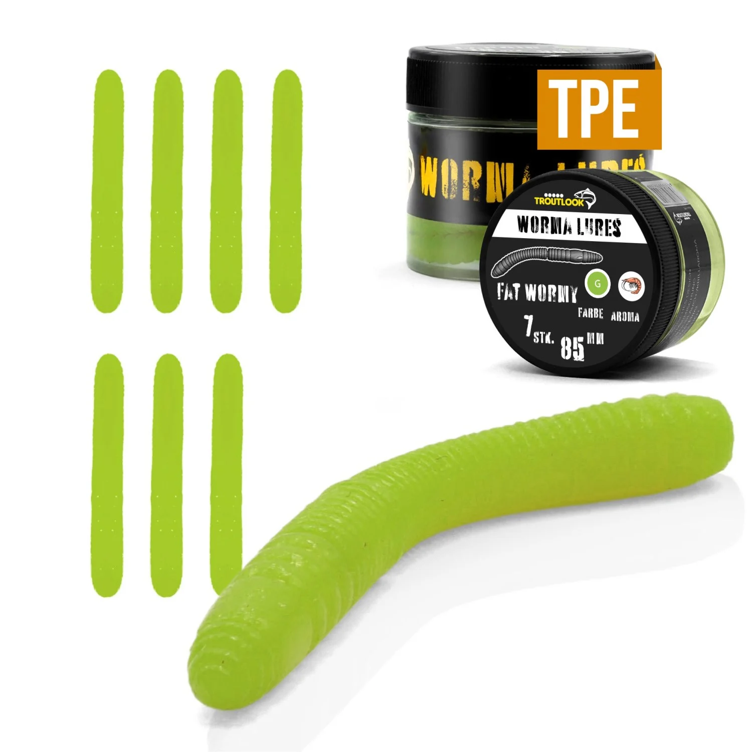 Troutlook Worma Lures - Fat Wormy - Forellengummi Farbe: Kiwi Green | Aroma: Krill