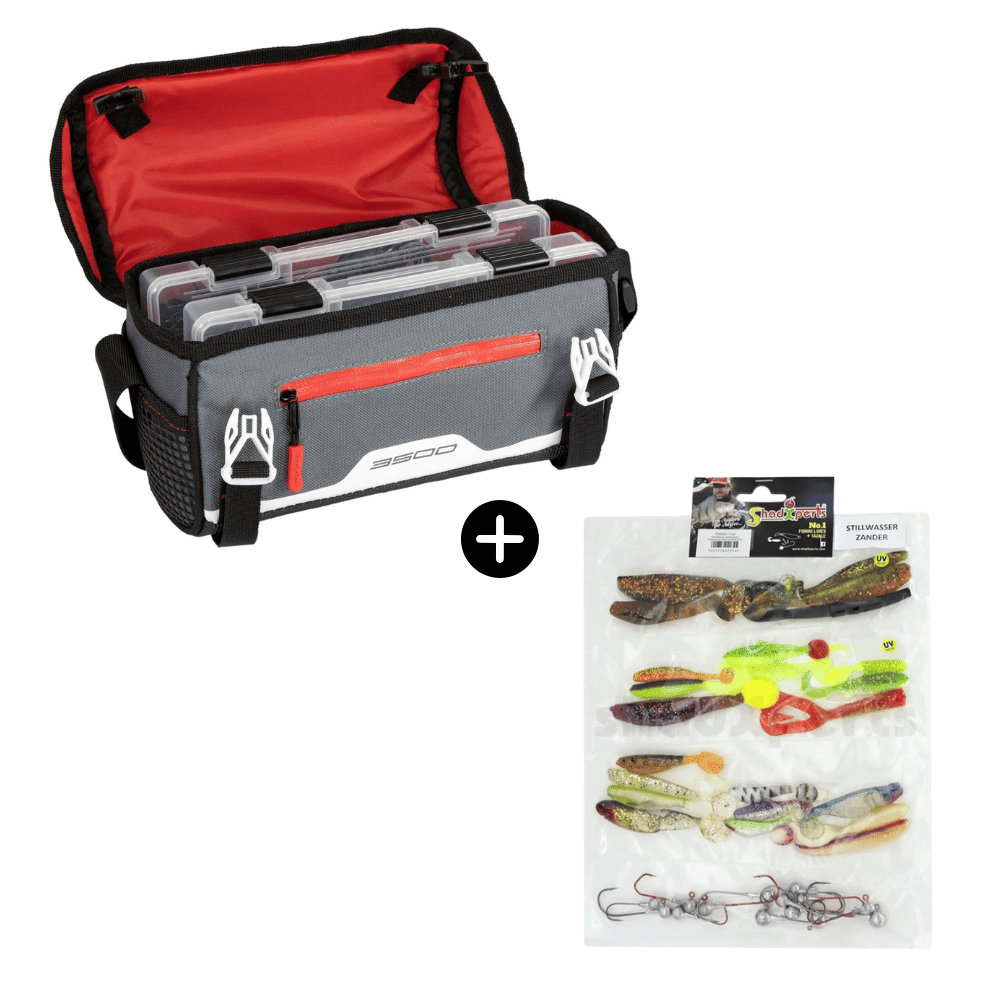 Zander Stillwasser Set Plano Tasche 3600 + SX Zielfisch-Set Stillwasser Zander 17 Shads 11 Jigköpfe